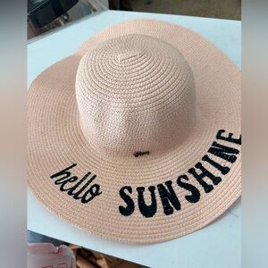 Lucky Brand Peach Wide-Brim Straw Sun Hat with Black 'hello SUNSHINE' Embroidery